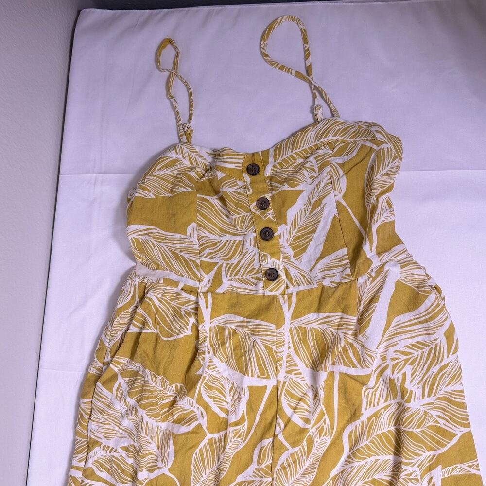 Women’s Jumpsuit- Mustard Color W/white Leaf Print- Spaghetti Strap- Size M